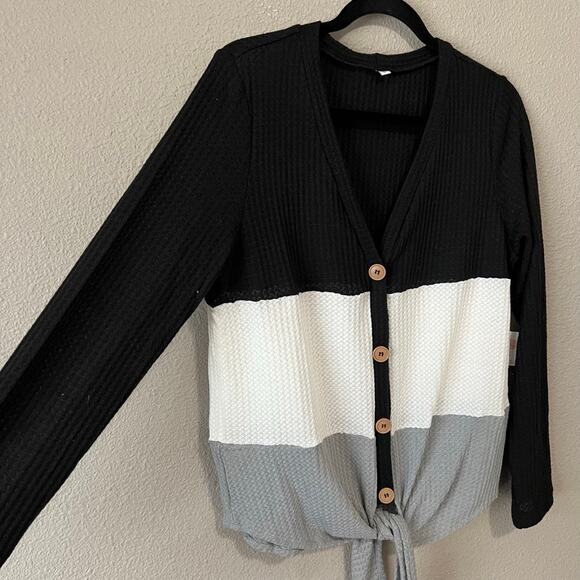 Color Blocking Button Down Tie Front V-Neck Waffle Knit Womens Long Sleeve Top - Picture 7 of 9